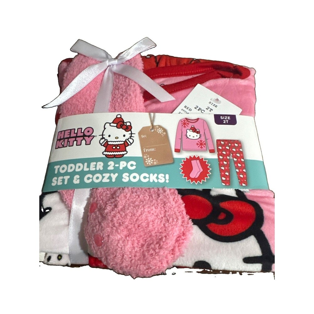 Hello Kitty Christmas 2 pc Set & Cozy Socks Toddler Kids Red Pink Size 2T